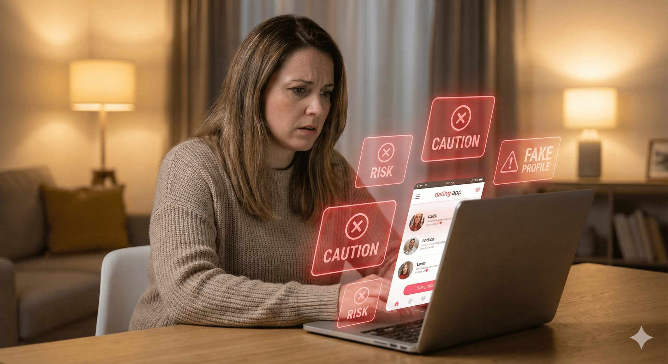 Woman noticing red flags while chatting with an online match