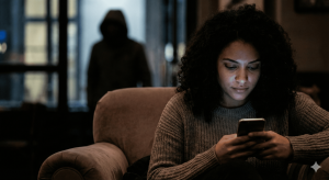 Woman messaging with a scammer on social media